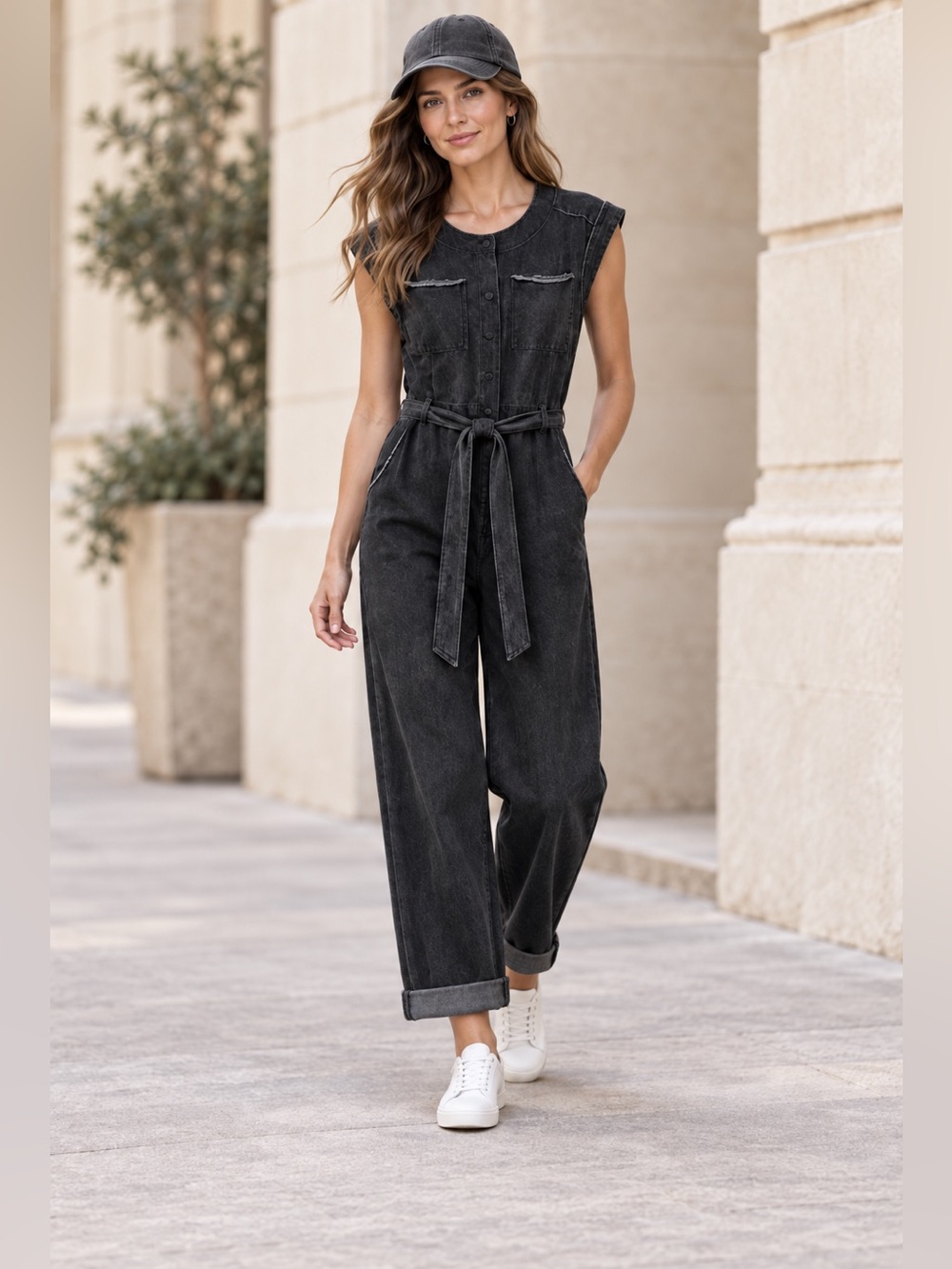 Women's Black Denim Jumpsuit with Tie Waist